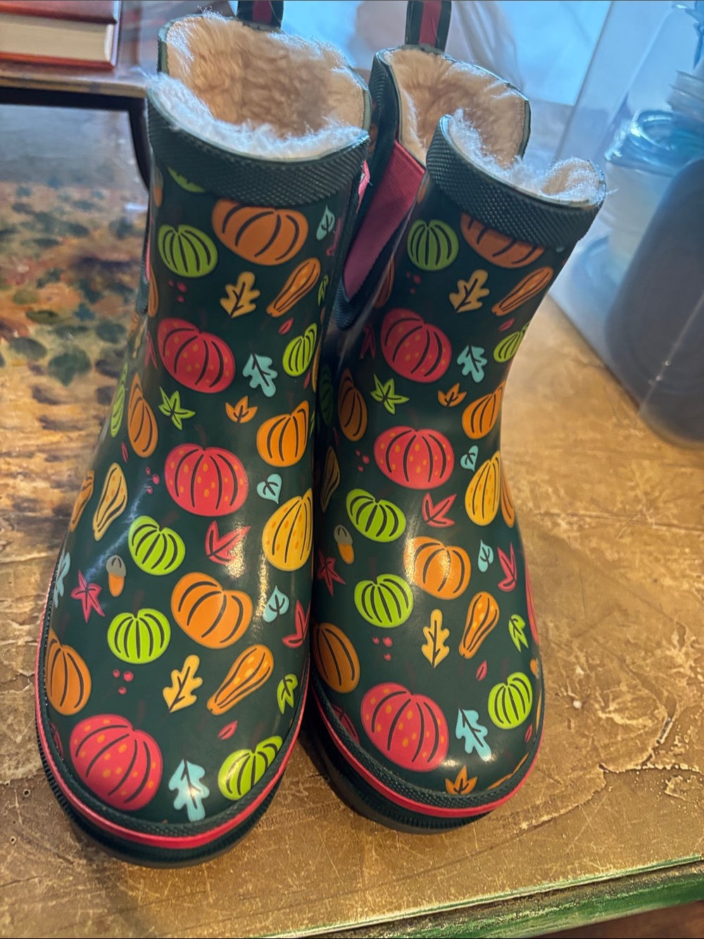 Kids Cozy-Lined Pumpkin Print Rain Boots - Dark Green